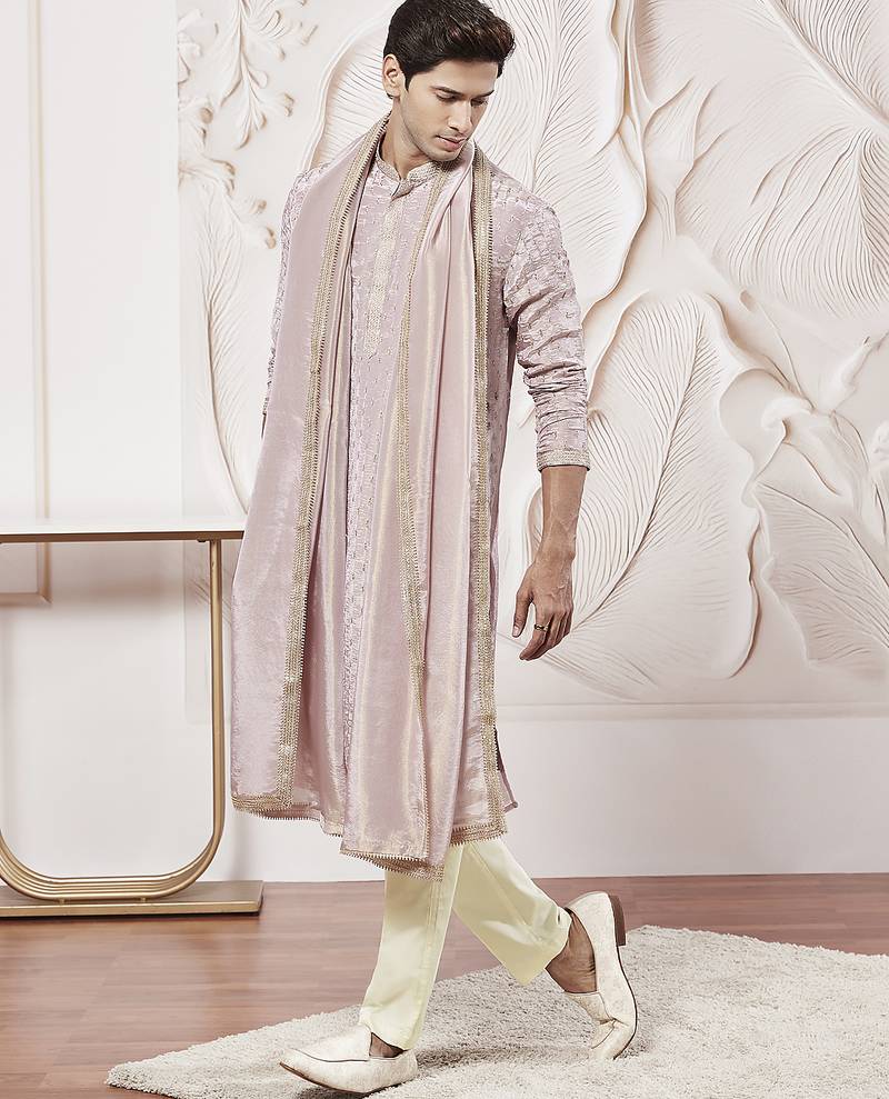 lavender tissue silk zari kurta with satin pyjama and lace dupatta set | 3-piece romantic festive ethnic wear