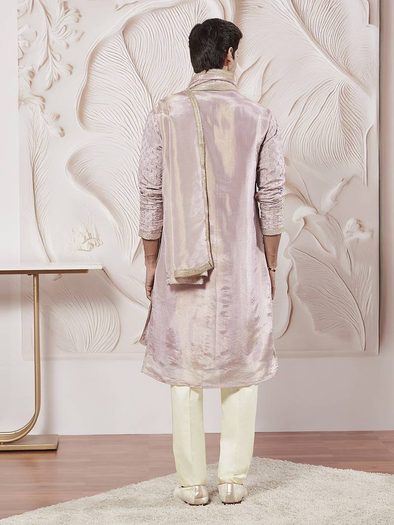 lavender tissue silk zari kurta with satin pyjama and lace dupatta set | 3-piece romantic festive ethnic wear