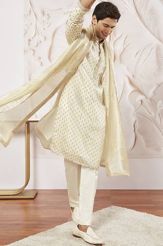 cream tissue silk zari kurta with satin pyjama and lace dupatta set | 3-piece luxury festive ethnic wear