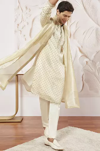 cream tissue silk zari kurta with satin pyjama and lace dupatta set | 3-piece luxury festive ethnic wear