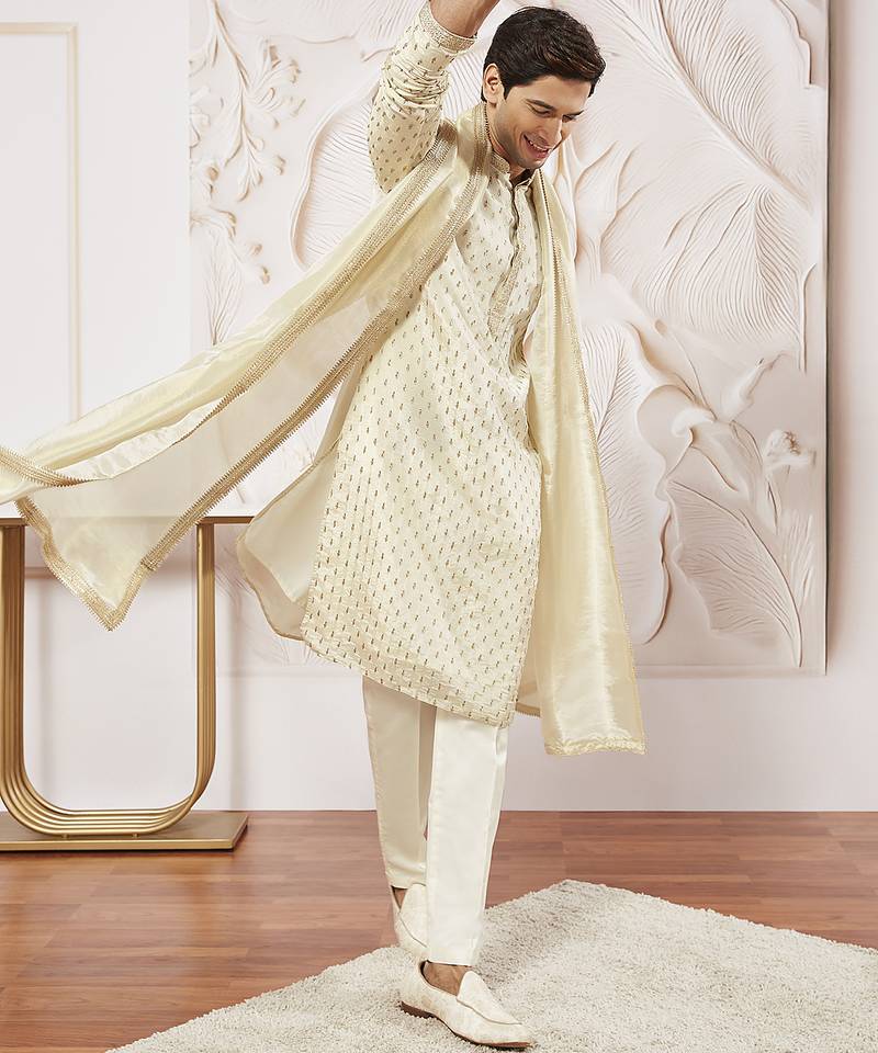cream tissue silk zari kurta with satin pyjama and lace dupatta set | 3-piece luxury festive ethnic wear