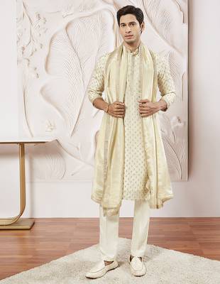 cream tissue silk zari kurta with satin pyjama and lace dupatta set | 3-piece luxury festive ethnic wear 2