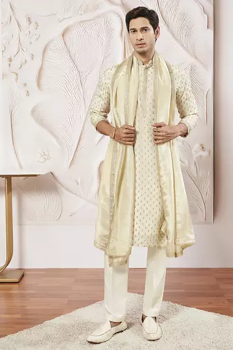 cream tissue silk zari kurta with satin pyjama and lace dupatta set | 3-piece luxury festive ethnic wear