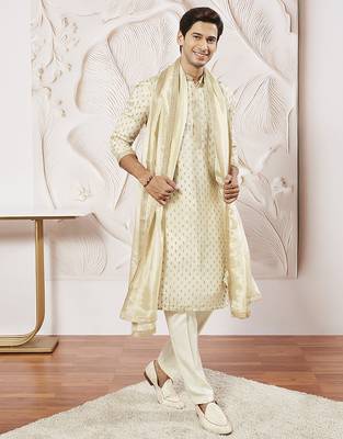 cream tissue silk zari kurta with satin pyjama and lace dupatta set | 3-piece luxury festive ethnic wear 4