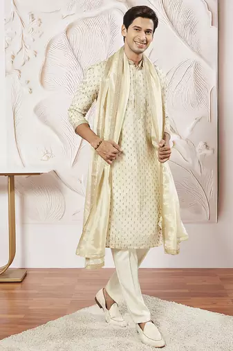 cream tissue silk zari kurta with satin pyjama and lace dupatta set | 3-piece luxury festive ethnic wear