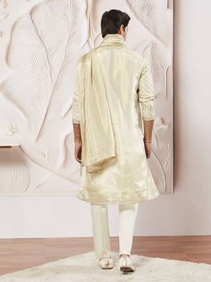 cream tissue silk zari kurta with satin pyjama and lace dupatta set | 3-piece luxury festive ethnic wear 5