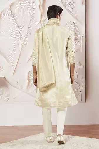 cream tissue silk zari kurta with satin pyjama and lace dupatta set | 3-piece luxury festive ethnic wear