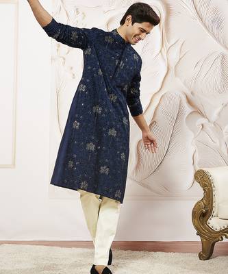 navy blue sequin floral embroidered silk kurta with satin pyjama set | 2-piece luxury festive ethnic wear 1