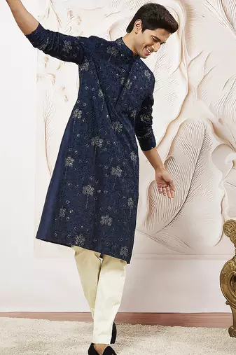 navy blue sequin floral embroidered silk kurta with satin pyjama set | 2-piece luxury festive ethnic wear