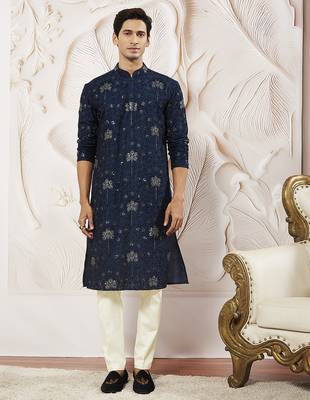 navy blue sequin floral embroidered silk kurta with satin pyjama set | 2-piece luxury festive ethnic wear 2