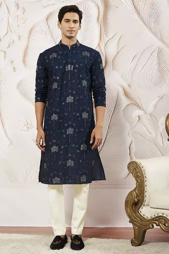 navy blue sequin floral embroidered silk kurta with satin pyjama set | 2-piece luxury festive ethnic wear