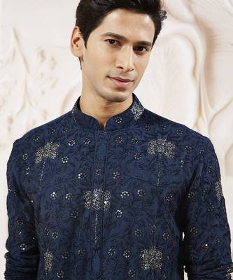 navy blue sequin floral embroidered silk kurta with satin pyjama set | 2-piece luxury festive ethnic wear 3