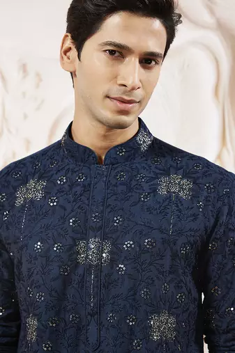 navy blue sequin floral embroidered silk kurta with satin pyjama set | 2-piece luxury festive ethnic wear