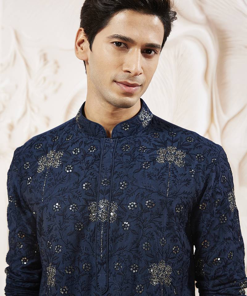 navy blue sequin floral embroidered silk kurta with satin pyjama set | 2-piece luxury festive ethnic wear