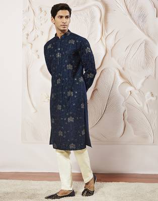 navy blue sequin floral embroidered silk kurta with satin pyjama set | 2-piece luxury festive ethnic wear 4