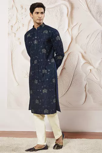 navy blue sequin floral embroidered silk kurta with satin pyjama set | 2-piece luxury festive ethnic wear