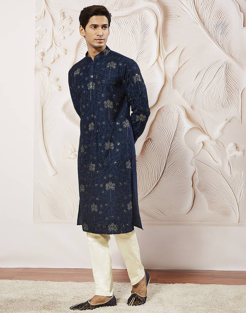 navy blue sequin floral embroidered silk kurta with satin pyjama set | 2-piece luxury festive ethnic wear