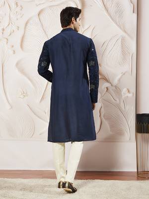 navy blue sequin floral embroidered silk kurta with satin pyjama set | 2-piece luxury festive ethnic wear 5
