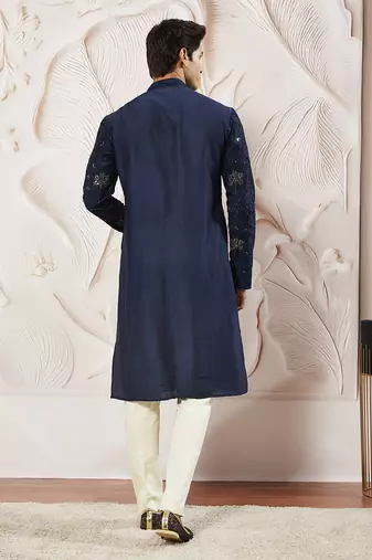 navy blue sequin floral embroidered silk kurta with satin pyjama set | 2-piece luxury festive ethnic wear