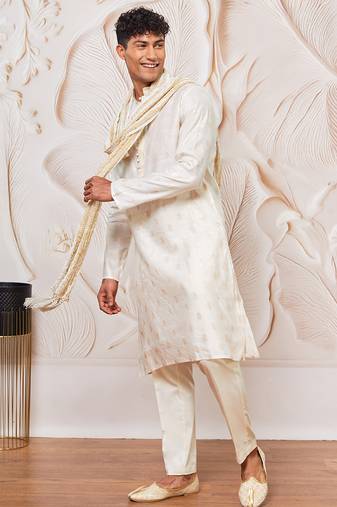 cream gold jacquard silk blend kurta pyjama set with white crushed dupatta | festive ethnic wear