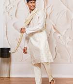 cream gold jacquard silk blend kurta pyjama set with white crushed dupatta | festive ethnic wear