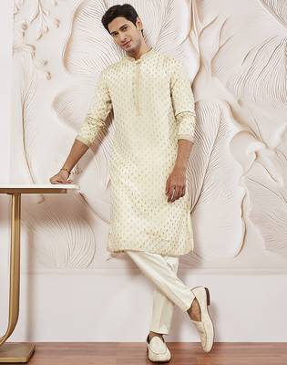 cream tissue silk zari embroidered kurta with satin pyjama set | 2-piece regal festive ethnic wear 1