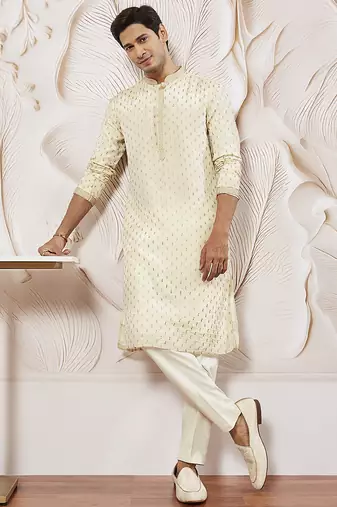 cream tissue silk zari embroidered kurta with satin pyjama set | 2-piece regal festive ethnic wear