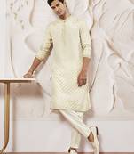 cream tissue silk zari embroidered kurta with satin pyjama set | 2-piece regal festive ethnic wear