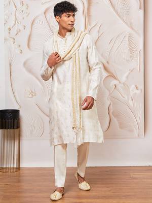cream gold jacquard silk blend kurta pyjama set with white crushed dupatta | festive ethnic wear 2