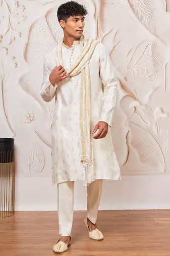 cream gold jacquard silk blend kurta pyjama set with white crushed dupatta | festive ethnic wear