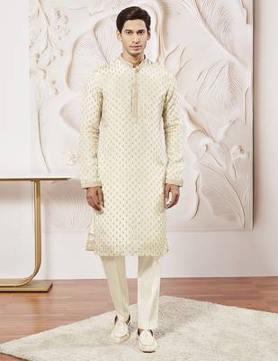 cream tissue silk zari embroidered kurta with satin pyjama set | 2-piece regal festive ethnic wear 2
