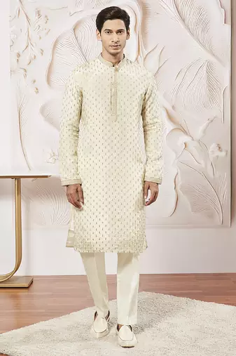 cream tissue silk zari embroidered kurta with satin pyjama set | 2-piece regal festive ethnic wear