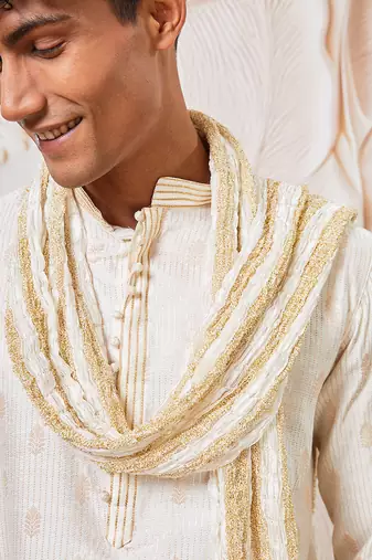 cream gold jacquard silk blend kurta pyjama set with white crushed dupatta | festive ethnic wear