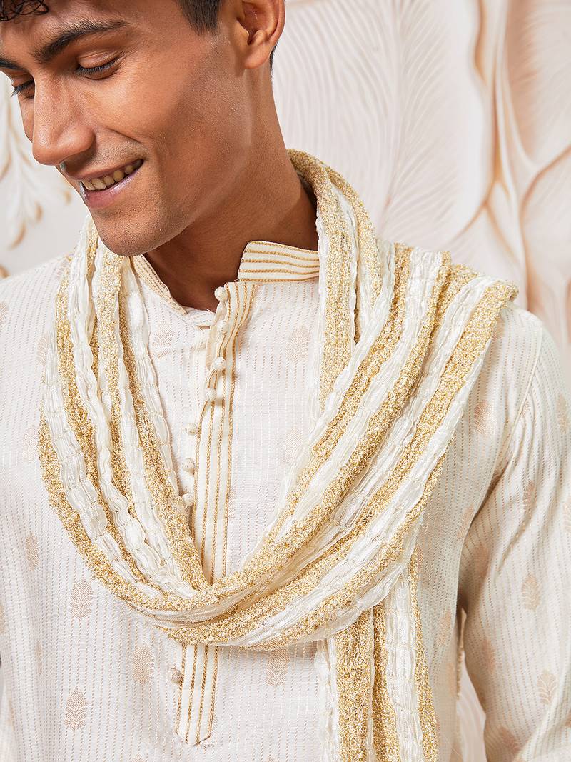 cream gold jacquard silk blend kurta pyjama set with white crushed dupatta | festive ethnic wear