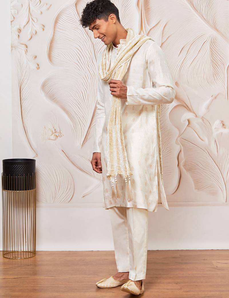 cream gold jacquard silk blend kurta pyjama set with white crushed dupatta | festive ethnic wear