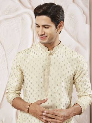cream tissue silk zari embroidered kurta with satin pyjama set | 2-piece regal festive ethnic wear 3
