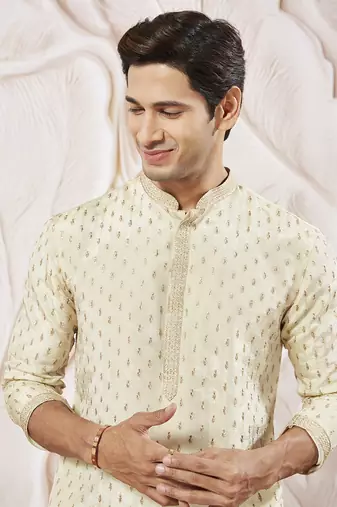 cream tissue silk zari embroidered kurta with satin pyjama set | 2-piece regal festive ethnic wear
