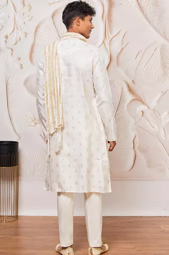 cream gold jacquard silk blend kurta pyjama set with white crushed dupatta | festive ethnic wear