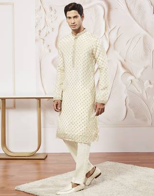 cream tissue silk zari embroidered kurta with satin pyjama set | 2-piece regal festive ethnic wear 4