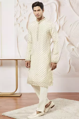cream tissue silk zari embroidered kurta with satin pyjama set | 2-piece regal festive ethnic wear