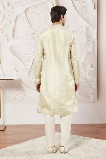 cream tissue silk zari embroidered kurta with satin pyjama set | 2-piece regal festive ethnic wear