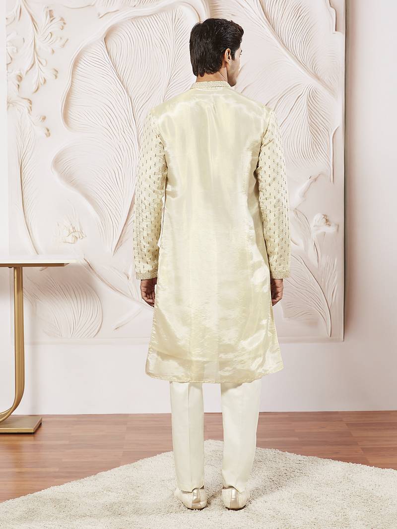 cream tissue silk zari embroidered kurta with satin pyjama set | 2-piece regal festive ethnic wear