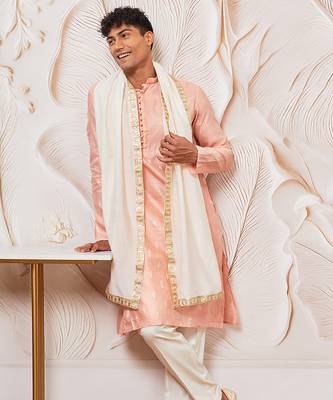 pink gold jacquard zari kurta with pyjama and lace border dupatta set | 3-piece regal festive ethnic wear 1