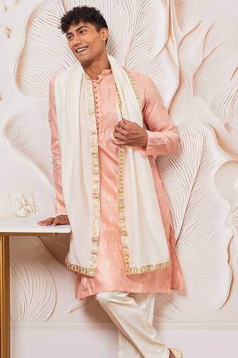pink gold jacquard zari kurta with pyjama and lace border dupatta set | 3-piece regal festive ethnic wear