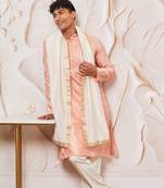 pink gold jacquard zari kurta with pyjama and lace border dupatta set | 3-piece regal festive ethnic wear