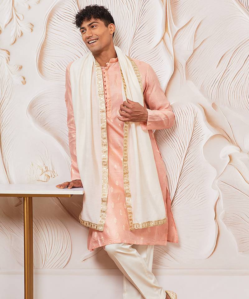 pink gold jacquard zari kurta with pyjama and lace border dupatta set | 3-piece regal festive ethnic wear