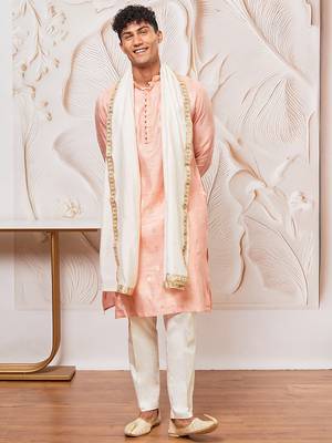 pink gold jacquard zari kurta with pyjama and lace border dupatta set | 3-piece regal festive ethnic wear 2
