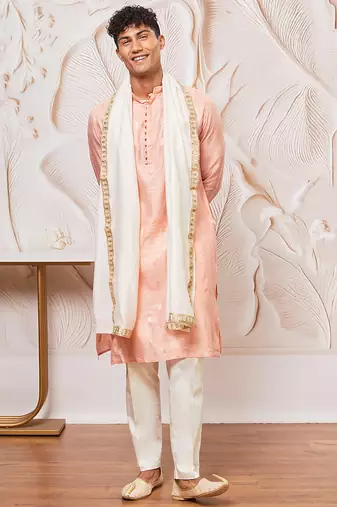 pink gold jacquard zari kurta with pyjama and lace border dupatta set | 3-piece regal festive ethnic wear