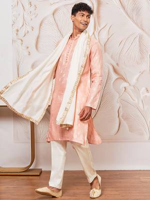 pink gold jacquard zari kurta with pyjama and lace border dupatta set | 3-piece regal festive ethnic wear 4