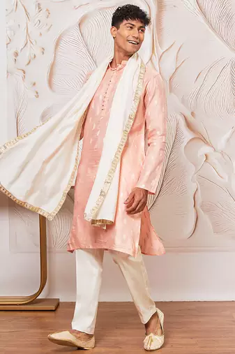 pink gold jacquard zari kurta with pyjama and lace border dupatta set | 3-piece regal festive ethnic wear